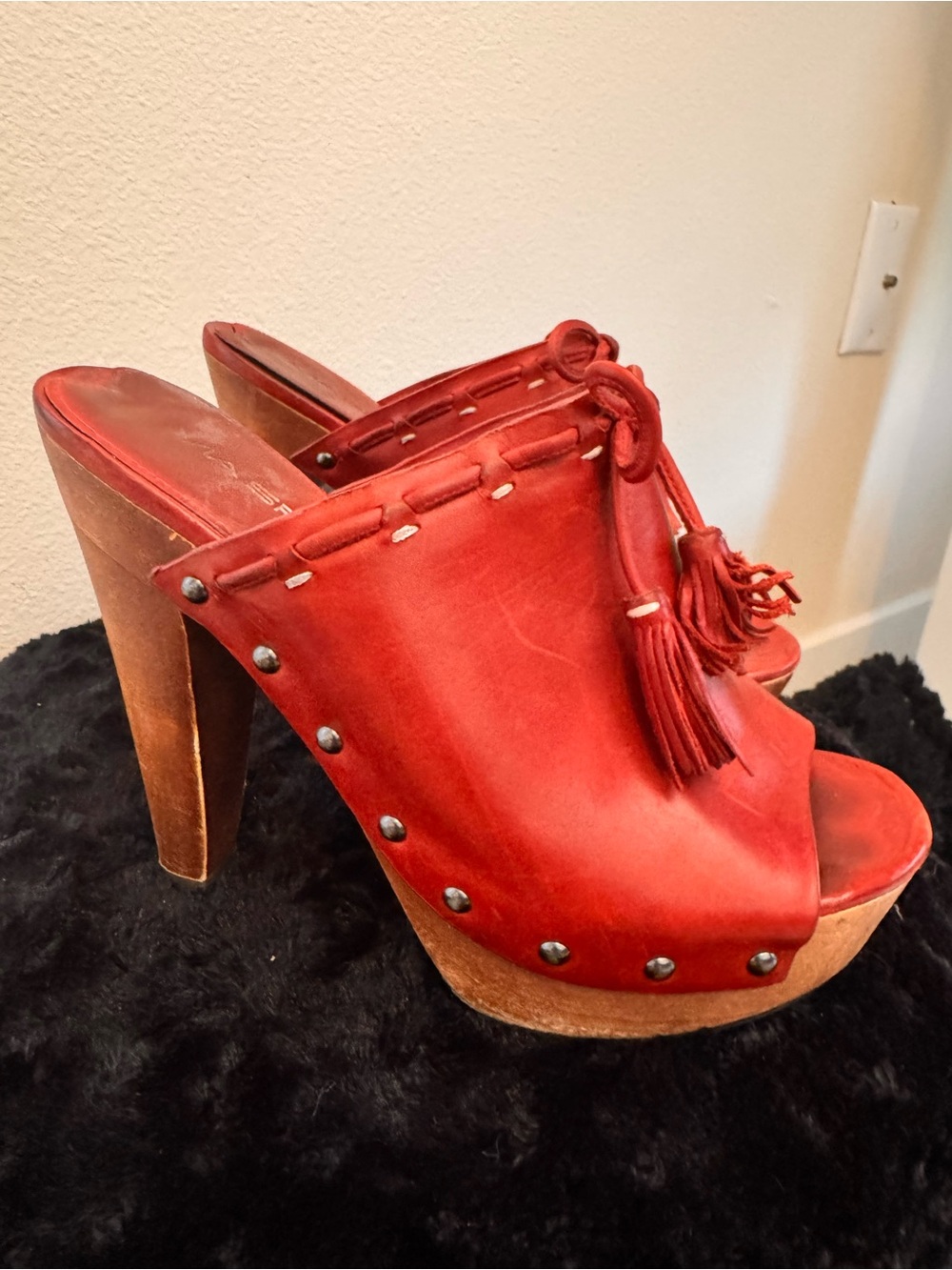 Via Spiga Red Leather Tassel Platform Clogs